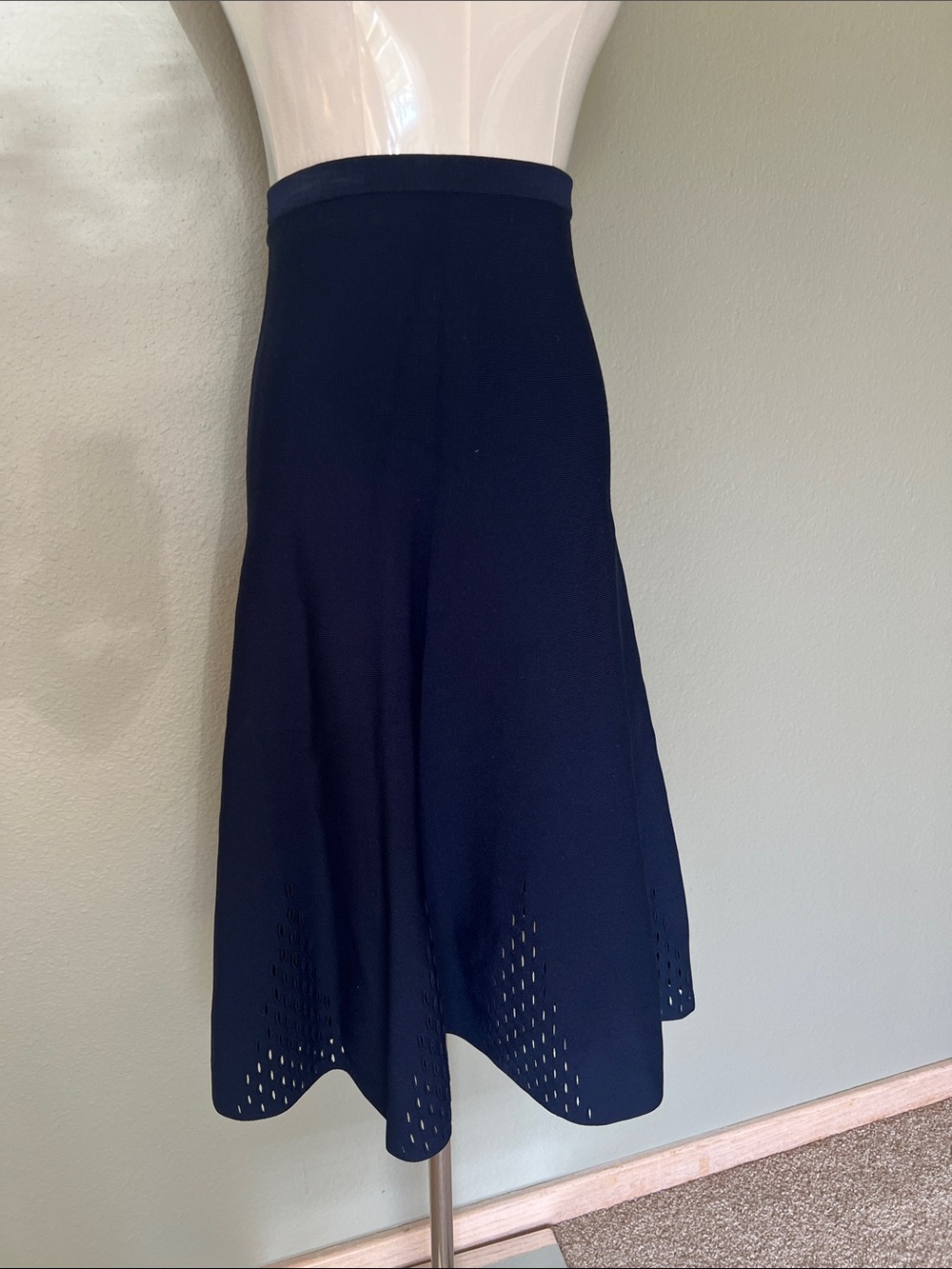 Sandro. Navy Midi Skirt with Laser-Cut Hem